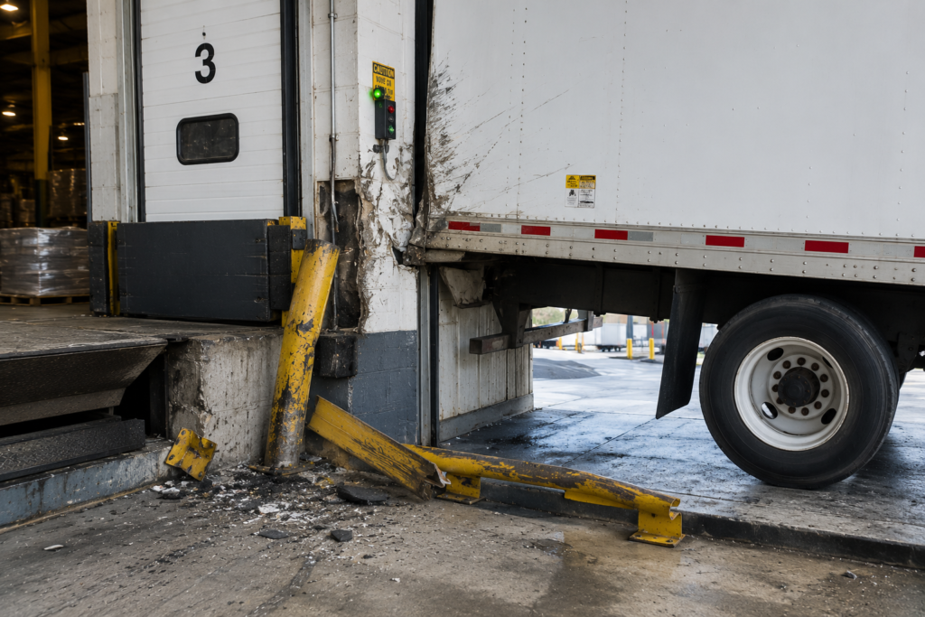 Damaged loading dock after truck collision
