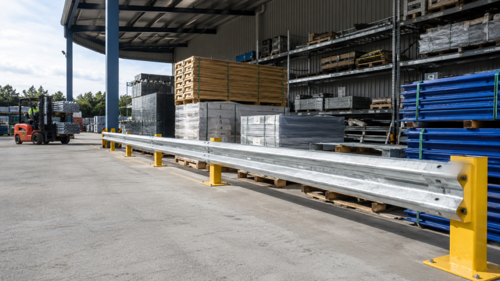 Armco barrier outside protecting supplies.