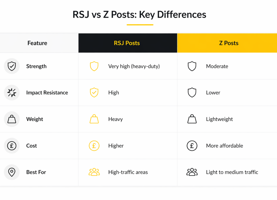 RSJ vs Z Posts comparison chart showing differences in strength, impact resistance, weight, cost, and best use cases for Armco barrier systems